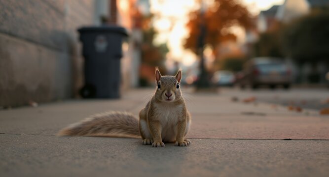 Squirrel Sitting on Pavement Facing Camera - Powered by Adobe