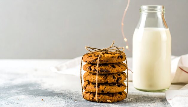Stack of chocolate chip cookies tied with twine, beside a milk bottle - Powered by Adobe