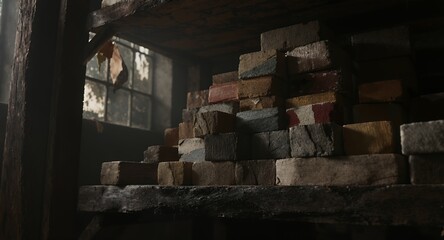 Stacked Wooden Blocks in Dimly Lit Space