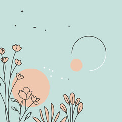 Pastel Floral Line Art Illustration with Geometric Shapes
