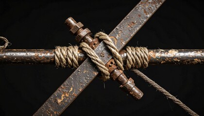 Metal bars and pipes securely bound with rope and nuts, exhibiting rust and wear against a dark background