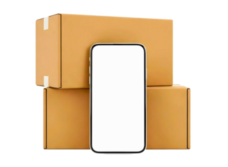 Smartphone with mockup screen in front of cardboard delivery boxes isolated on transparent background