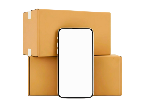 Smartphone with mockup screen in front of cardboard delivery boxes isolated on transparent background