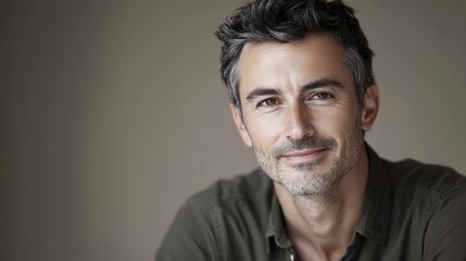 Confident middle aged man with salt and pepper hair looking directly at the camera with a slight smile on his face