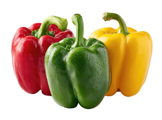Three bell peppers in red, green, and yellow.  Close-up, isolated