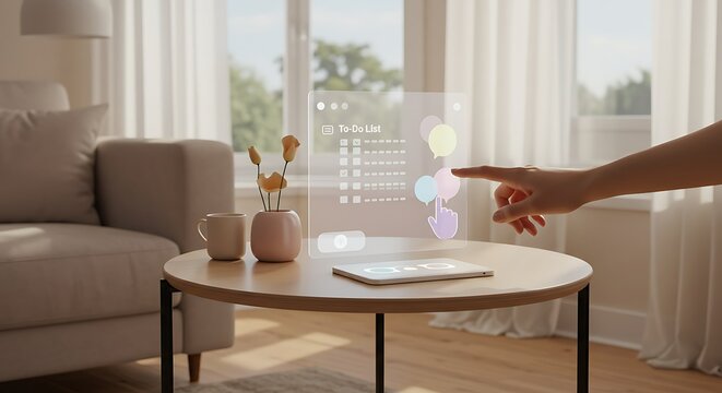 Hand interacting with digital display on coffee table