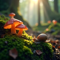 Enchanting woodland scene with a snail crawling on mossy ground beside glowing mushrooms in soft sunlight
