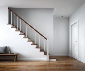 A minimalist stairway ascends against a backdrop of a light, neutral-toned hallway with a simple door.