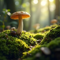 Mushroom magic in a sun-dappled forest, nature's delicate artistry