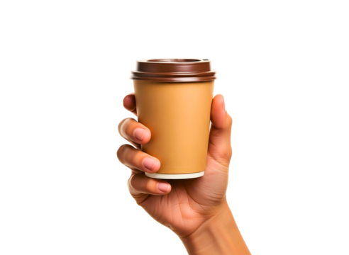 Hand holding a disposable coffee cup isolated on transparent background