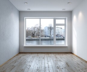 Empty room with large windows showcasing a city river view, showcasing neutral tones and natural light.