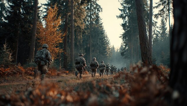 Soldiers marching through autumn forest