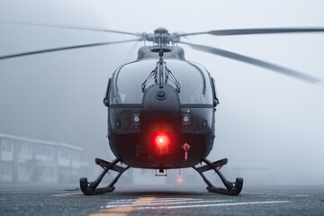 Dark helicopter, fog-shrouded runway
