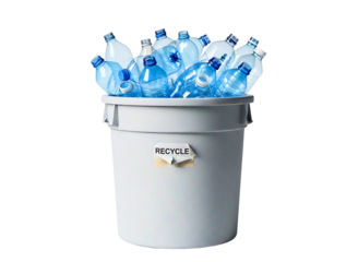 Plastic water bottles overflowing from a recycling bin isolated on transparent background