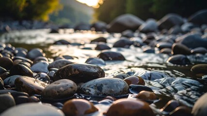 Smooth, wet river stones glisten in the warm, golden sunlight as a gentle stream flows over them, reflecting the surrounding trees and sky. - Powered by Adobe