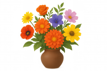 Colorful floral arrangement featuring roses, daisies, sunflowers blooming in rustic terracotta vase against clean transparent backdrop