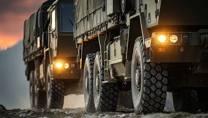 Handdoek met foto Voertuigen Military trucks on a dirt road at sunset (1)  © Muhammad