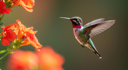 Fototapeta premium Hummingbird near orange flowers