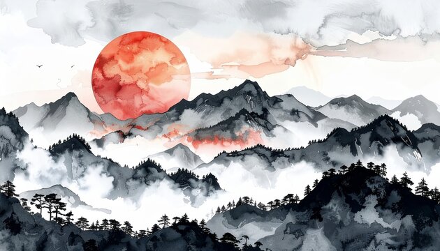 Mountain silhouette at dusk  layered horizon in deep red  oran