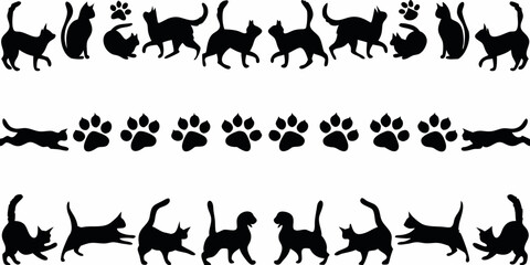 Collection of black cat silhouettes and paw prints in horizontal rows on white background