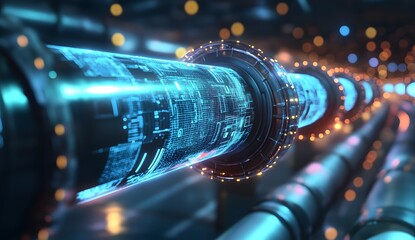 Futuristic digital pipe streaming holographic data flow.