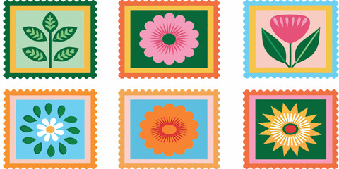 Collection of six colorful postage stamps featuring stylized floral and botanical illustrations in a retro folk art style