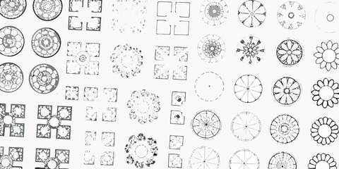 Collection of circular and square ornamental patterns in a monochromatic artistic style