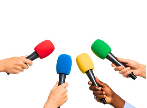 Four hands holding colorful microphones for interview isolated on transparent background