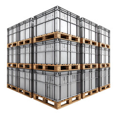 Stacked Containers on Wooden Pallets Against Transparent Background for Industrial Logistics and Storage Solutions