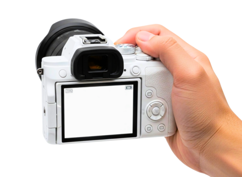 Hand holding a white digital camera with a blank screen isolated on transparent background