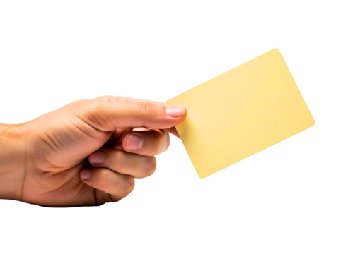 Hand holding a yellow sticky note isolated on transparent background