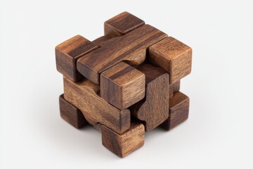Wooden 3D puzzle cubeshaped  intricately assembled on a white surface Brown tones  visible wood grain