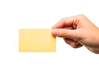Hand holding a yellow sticky note isolated on transparent background