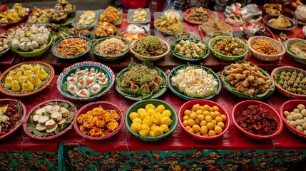 Vibrant street food market showcasing a diverse array of delicious and colorful culinary delights from around the world, inviting exploration and taste.