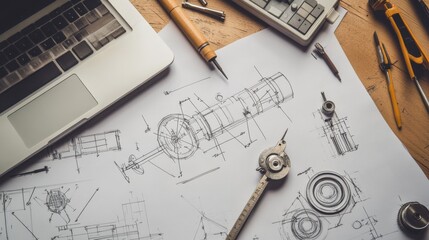 A mechanical CAD drawing on a desk on blurred background