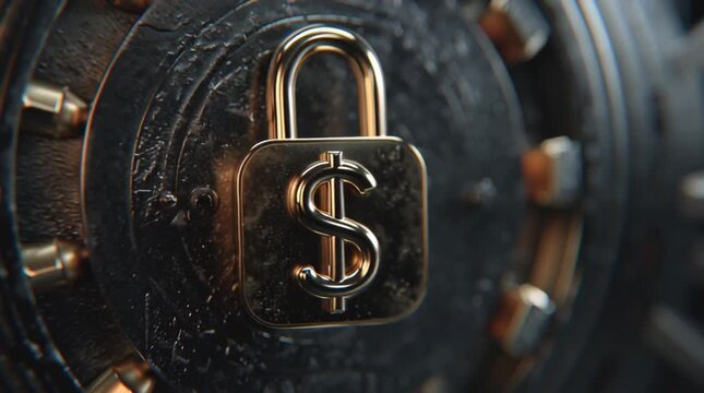 Close up of a gold dollar sign padlock on a dark textured surface with gold accents around it