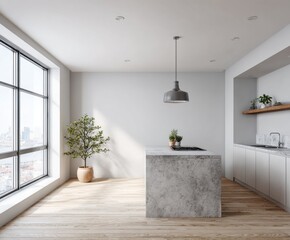 A bright, modern kitchen with large windows showcasing a city view, accented by a neutral color palette and a rustic concrete island.