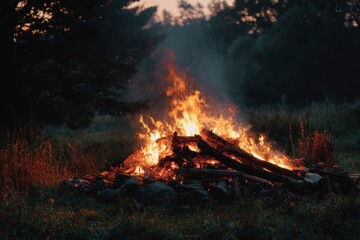 A large campfire burns in a grassy clearing at dusk with smoke rising and embers glowing against a dark natural background