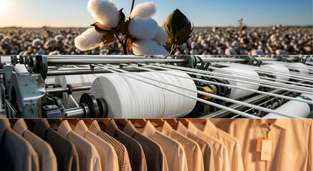 Cotton field to clothing:  From plant to garment, showcasing the journey of cotton processing and textile manufacturing.