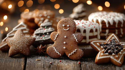 Top-Down Flat-Lay of Decorated Gingerbread Cookies with Powdered Sugar and Soft Fairy Light Bokeh