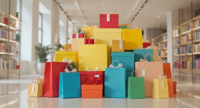 Colorful Gift Bags and Boxes Stacked High for Retail or Holiday Promotion - Powered by Adobe