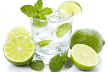 A refreshing glass of iced lime drink garnished with mint leaves and lime wedges, surrounded by additional lime slices on a white background
