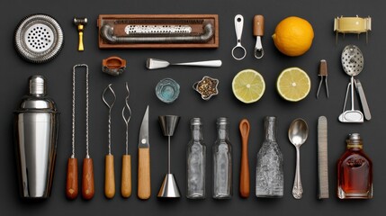 A topdown view showcases an array of bartending tools and ingredients arranged on a dark surface
