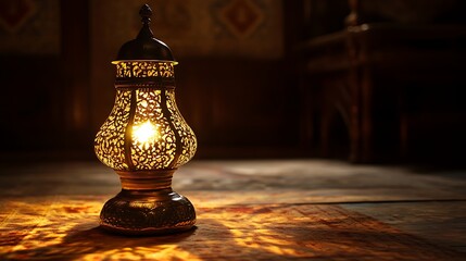 Ornate metal lantern with intricate patterns glowing in the dark on a patterned surface indoors