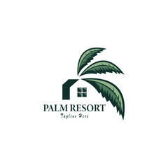 Obraz premium Palm House Resort Logo Template. Vector illustration. Creative minimalist design template. Corporate business identity symbol.