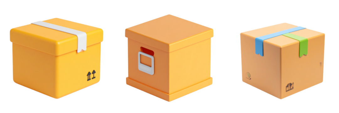 Three Pixelated Cardboard Boxes With Different Colors And Tape Decorations On Transparent Background