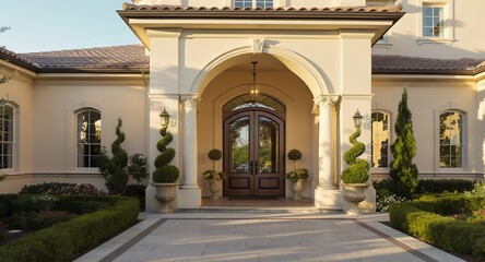 Obraz premium Elegant Home Entrance with Archway and Landscaping