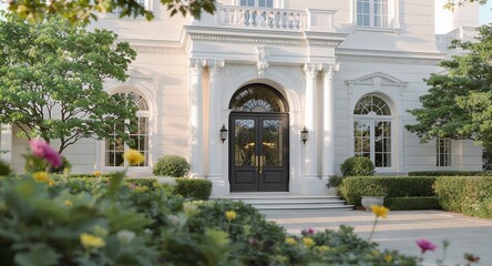 Obraz premium Elegant Mansion Entrance with Lush Greenery and Classical Architecture