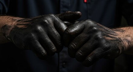 Grimy hands in dark gloves