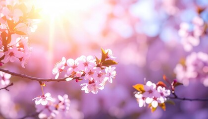 Soft, dreamy blossoms in blush hues, caught in a bright sunburst. Delicate branch details & bokeh create a tranquil, romantic spring scene